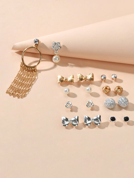 9 pairs Bowknot Rhinestone Pearl Stud Flower Tassel Chain Dangle Earrings Gift-1