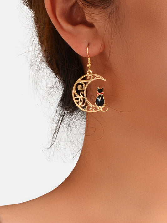 Cartoon Design Gold Hollow out Moon Black Cat Dangling Earrings Gift for Women-1