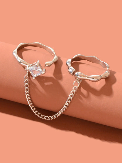 Unique Zirconia Decor Silver Double Fingers Ring with Chain Elegant Accessories-1