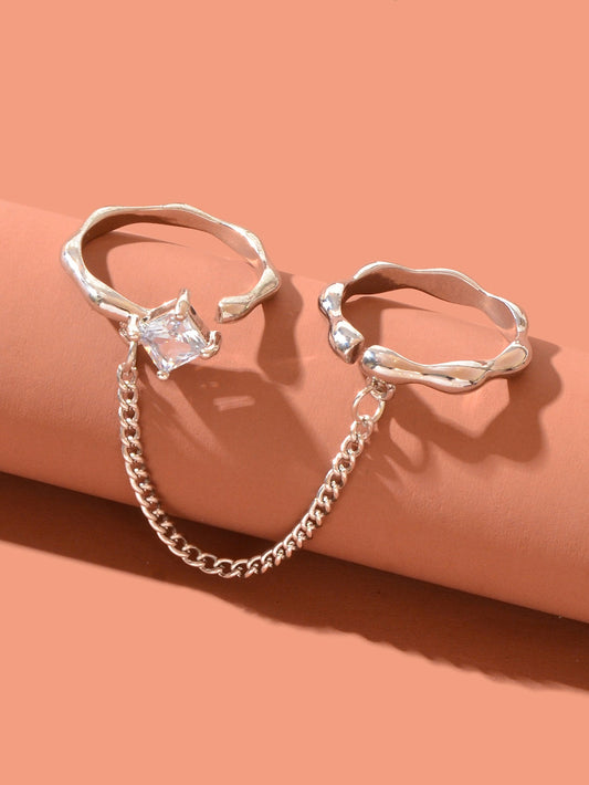 Unique Zirconia Decor Silver Double Fingers Ring with Chain Elegant Accessories-1