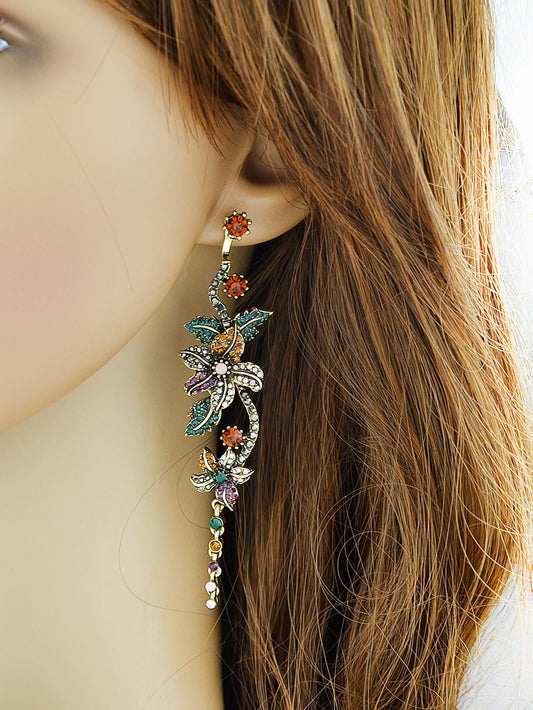 Vintage Luxurious Colourful Rhinestone Antique Gold Flower Long Pendant Earrings-1