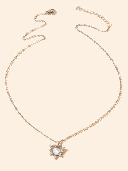 Exquisite Silver Chain Rhinestone Opal Decor Heart Pendant Necklace Gift Jewelry-1