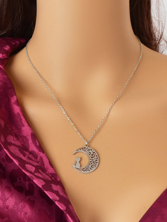 Party Jewelry Gift Silver Chain Stainless Steel Hollow Moon Cat Pendant Necklace-1