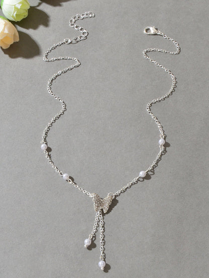 Sparkling Butterfly Pendant Y-Drop Necklace Tassel Clavicle Collar Women Jewelry-1