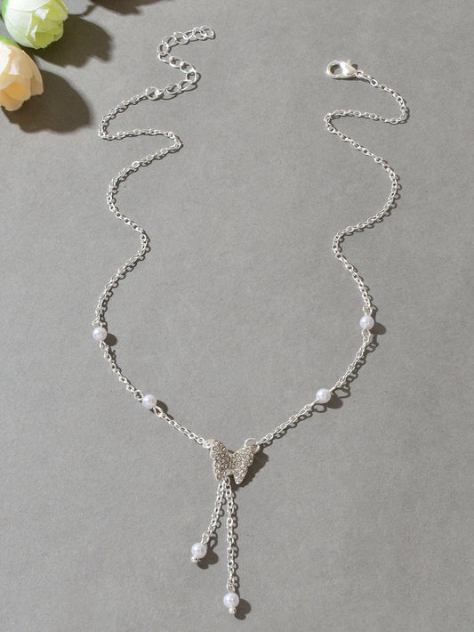 Sparkling Butterfly Pendant Y-Drop Necklace Tassel Clavicle Collar Women Jewelry-1