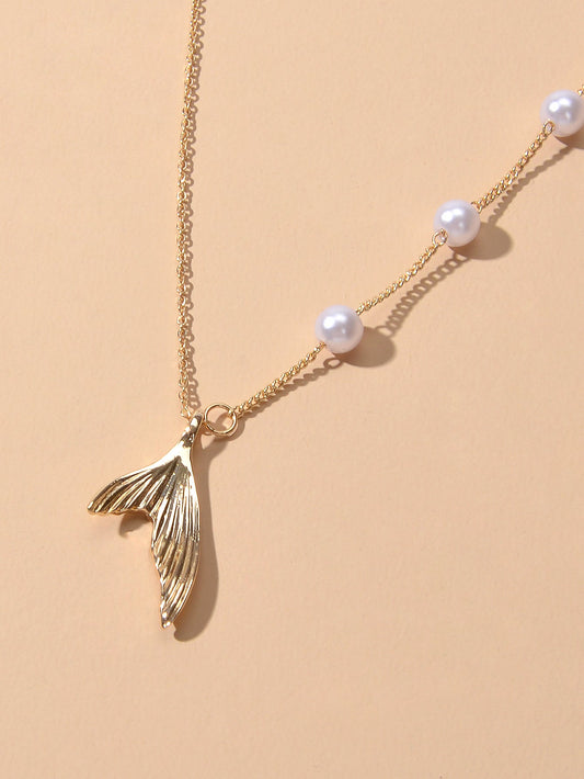 Designer Jewelry Gold Chain Pearl Mermaid Tail Pendant Clavicle Collar Necklace-1