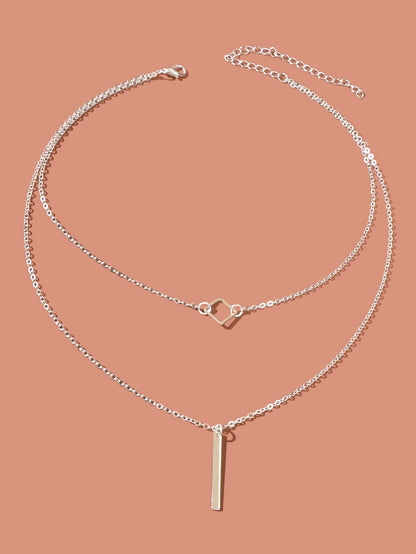 Double Layer Silver Chain Y Style Square Bar Pendant Necklace Party Accessories-1
