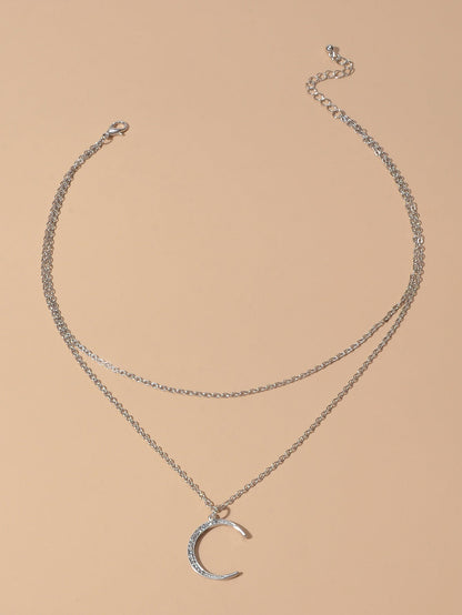 Women Accessories Double layer Chain with Rhinestone Moon Charm Trendy Necklace-1