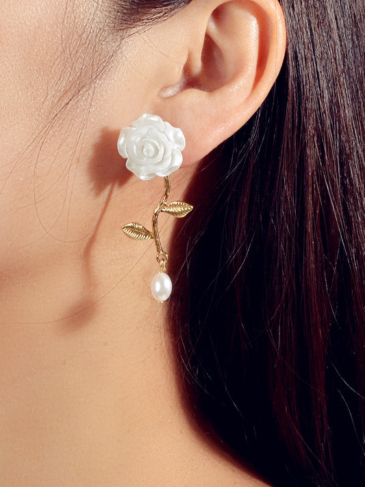 Elegant Resin Flower Leaf Pearl Charm Dangling Classic Stunning Bridal Earrings-1