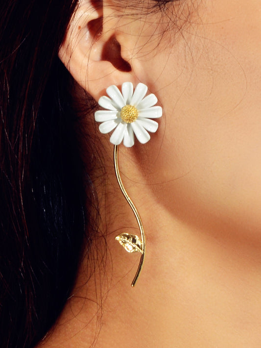 Asymmetrical White Enamel Flower Stick Stud Dangle Earrings Ear Jacket Jewellery-1