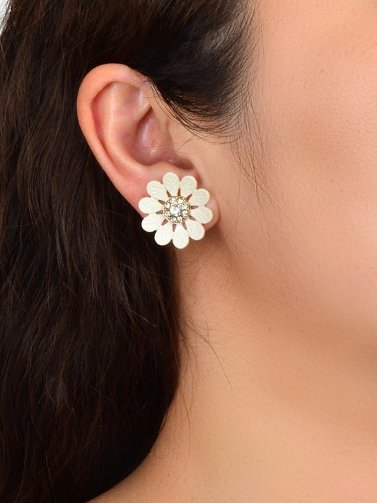 Romantic Chic Rhinestone Decoration White Flower Stud Earrings Sweet Jewellery-1