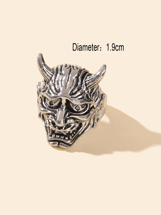Steampunk Hip Hop Style Antique Silver Exaggerated Monster Head Horn Finger Ring-1