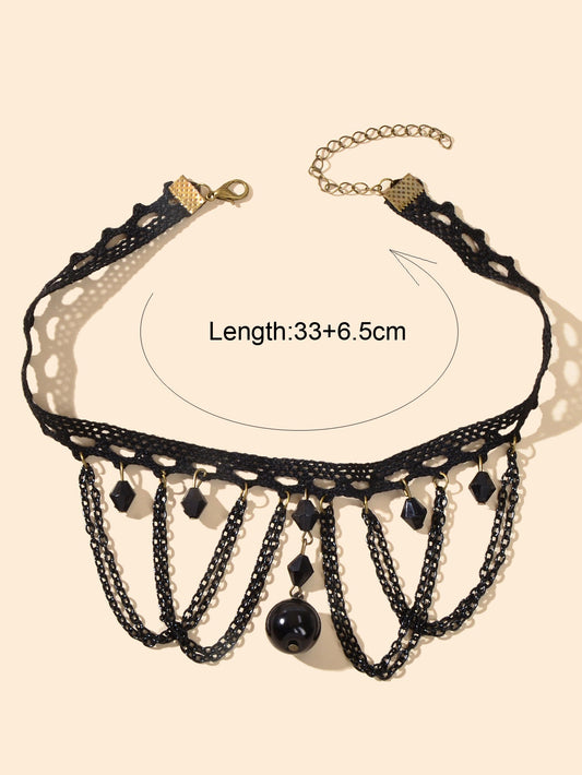 Halloween Retro Necklace Black Bead Charm Lace Neck Tassel Chain Collar Choker-1