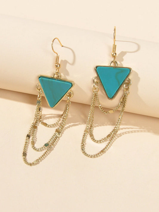 Boho Chic Jewellery Gold Chain Tassel Dangle Turquoise Triangle Ethnic Earrings-1