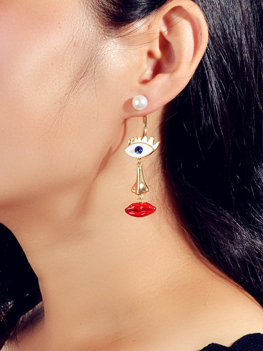 Grunge Rock Asymmetrical Eye Nose Red Lips Funny Weird Face Pearl Stud Earrings-1