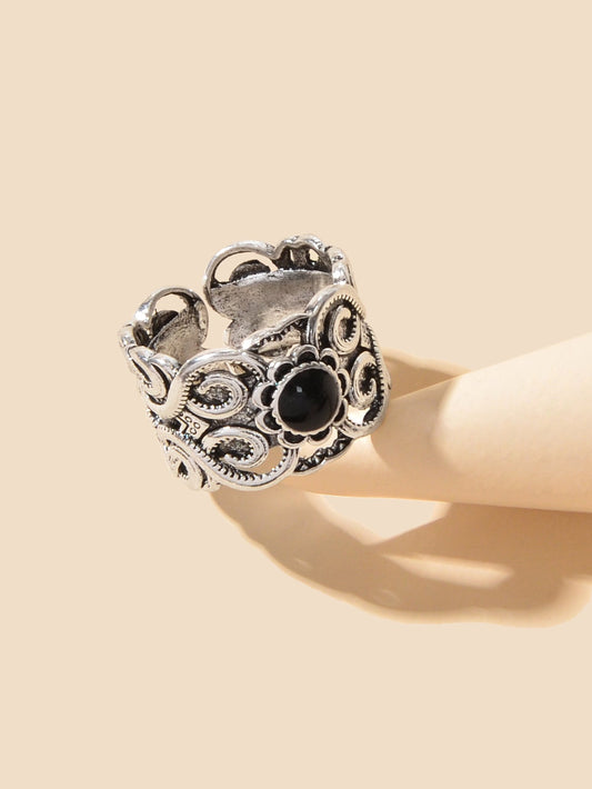 Antique Silver Plated Turkish Style Carved Vintage Girls Oxidized Designer Ring-1