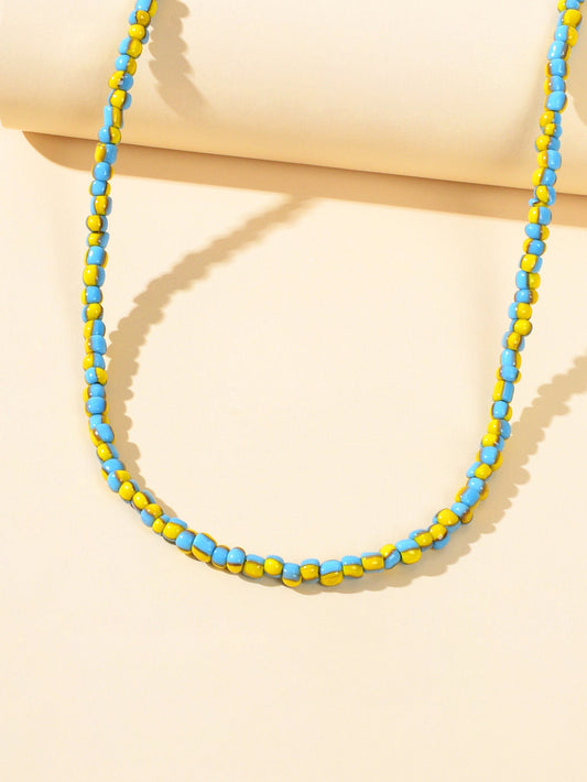 Boho Chic Handmade Blue Yellow Multi-colored Beads Collar Short Ethnic Necklace-1