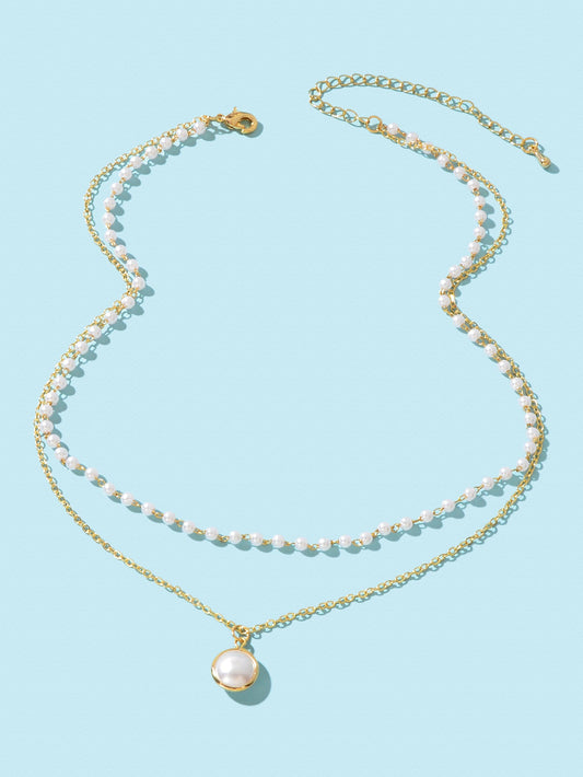 2 Layers Women Gold Pearl Charm Pendant Necklace Boho Statement Beautiful Choker-1