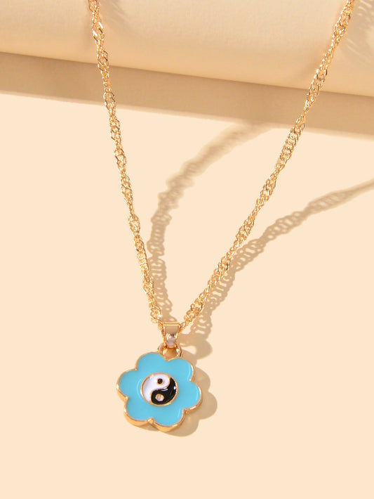 Dainty Gold Chain Yin Yang Tai Chi Blue Flower Charm Best Friends Necklace Gift-1
