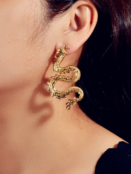 Grunge Rock Gold Silver Unique Chic Metal Dragon Statement Stud Earrings Gift-1