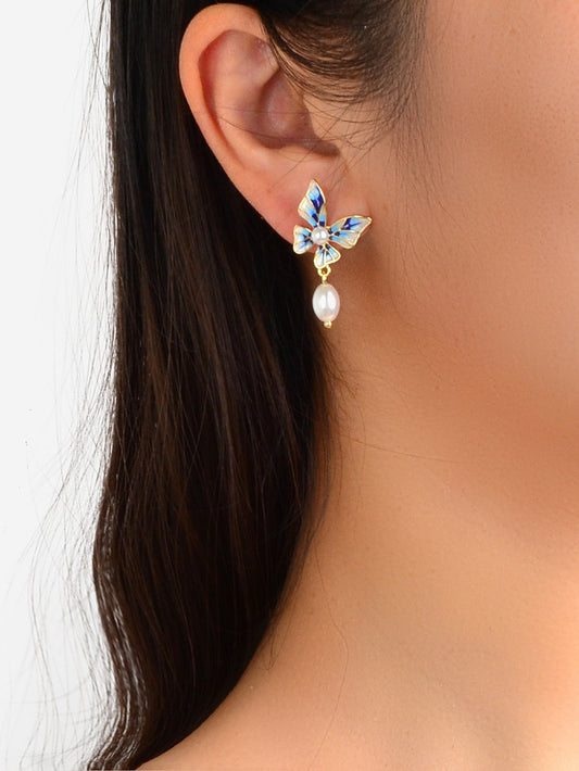 Trendy Dangle Pearl Blue White Enamel Butterfly Hypoallergenic Pierced Earrings-1