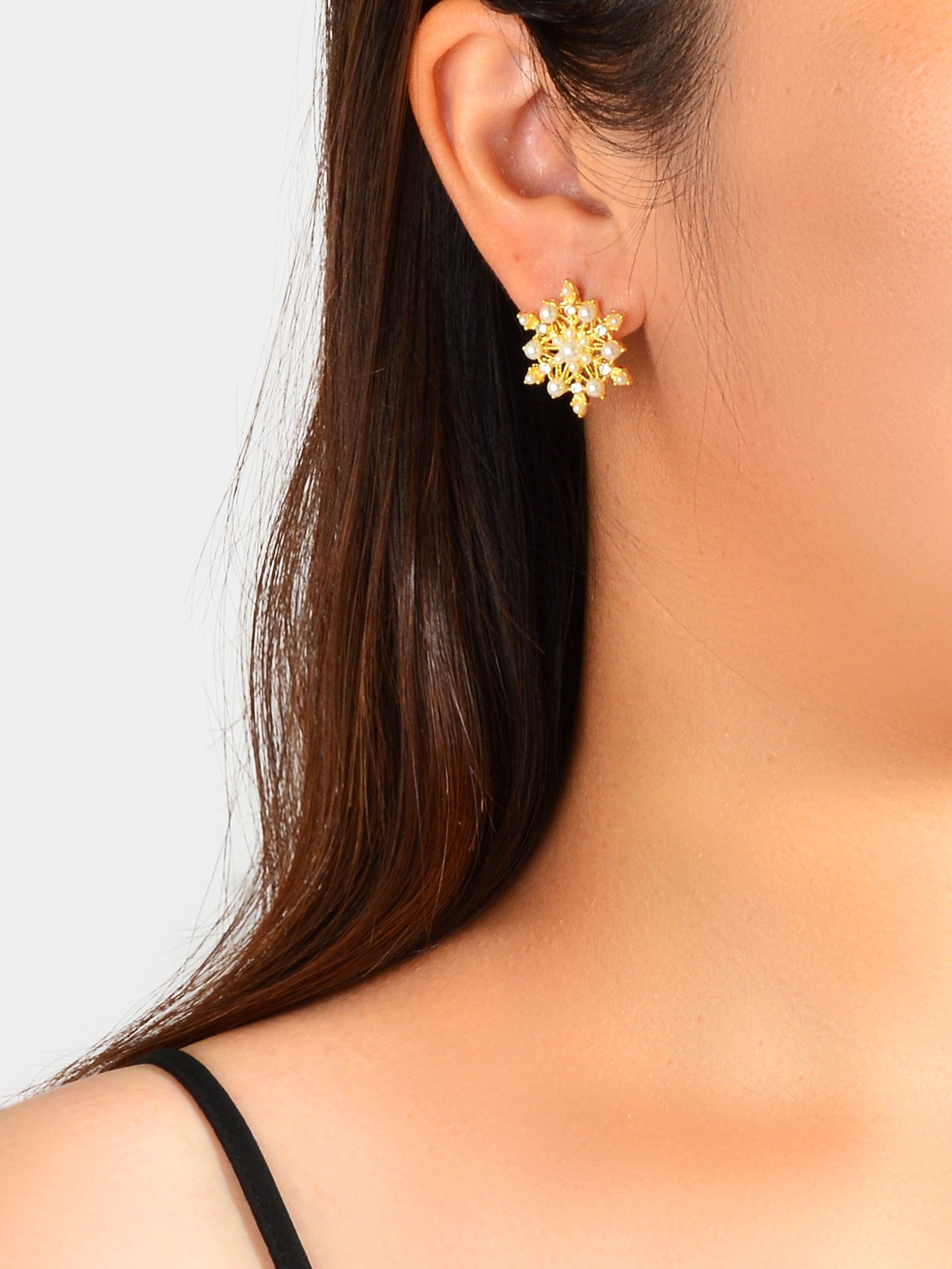 Pearl Rhinestone Gold Snowflake Stud Earrings Women Christmas Party Decoration-1