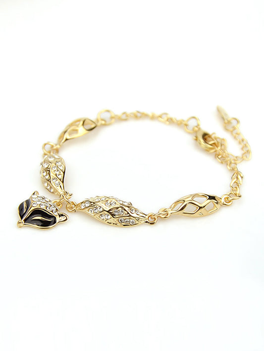 Textured Jewellery Gold Chain Rhinestone Decor Fox Charm Bangle Bracelets Women-1