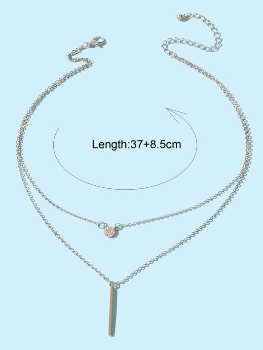 Female Jewellery Rhinestone Double layer Silver Chain Round Bar Pendant Necklace-1