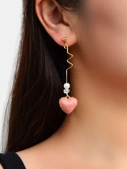 Valentine's Day Gift Bow Tie Pink Heart White Pom Pom Ball Asymmetrical Earrings-1