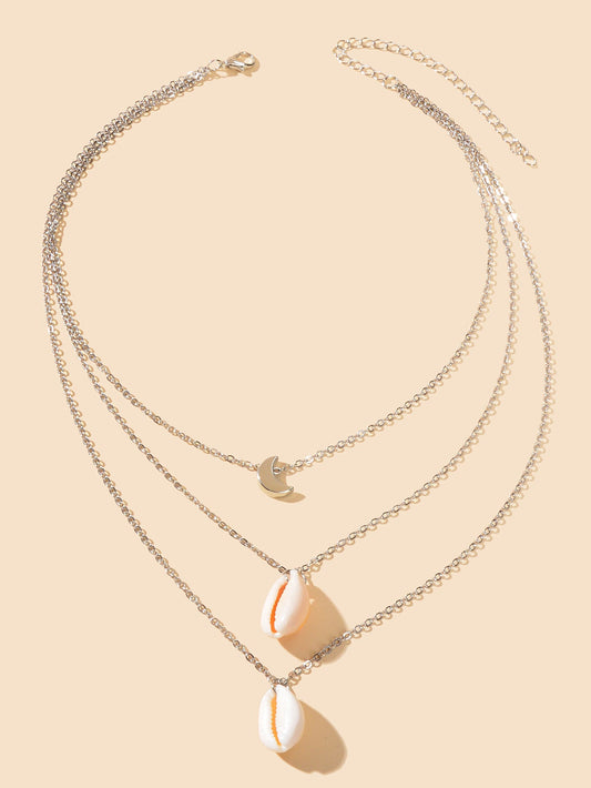 Boho Chic Choker Silver Multilayer Chain Moon Shell Pendant Necklace for Holiday-1