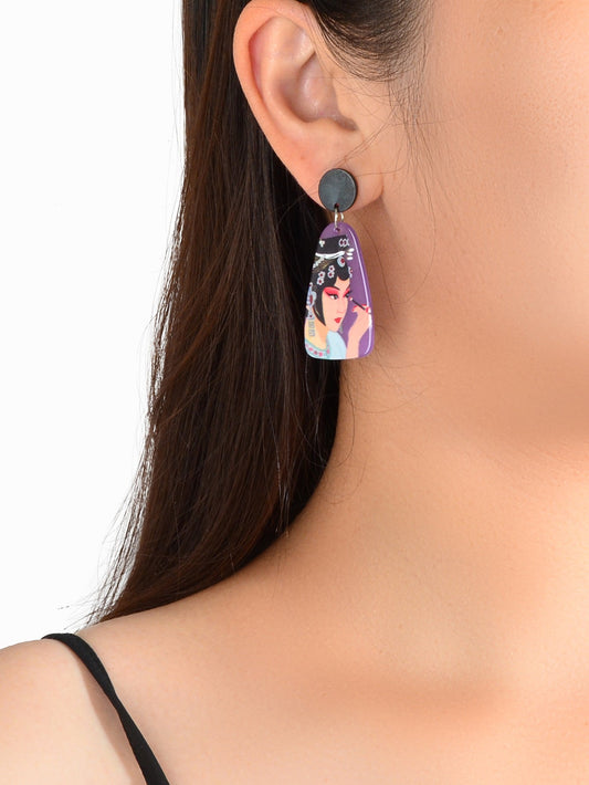 Chinese Style Jewellery Purple Peking Opera Figure Pattern Resin Dangle Earrings-1