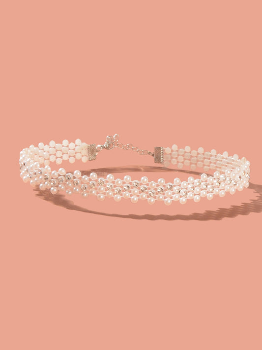 Retro Imitation Pearl Rhinestone Multi-layer Chain Hollow Short Choker Necklace-1