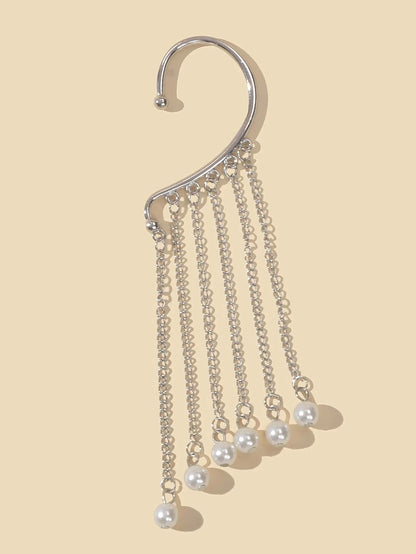 1 pc Fashion Pearl Silver Long Chain Tassel Big Ear Cuff Statement Earrings-1