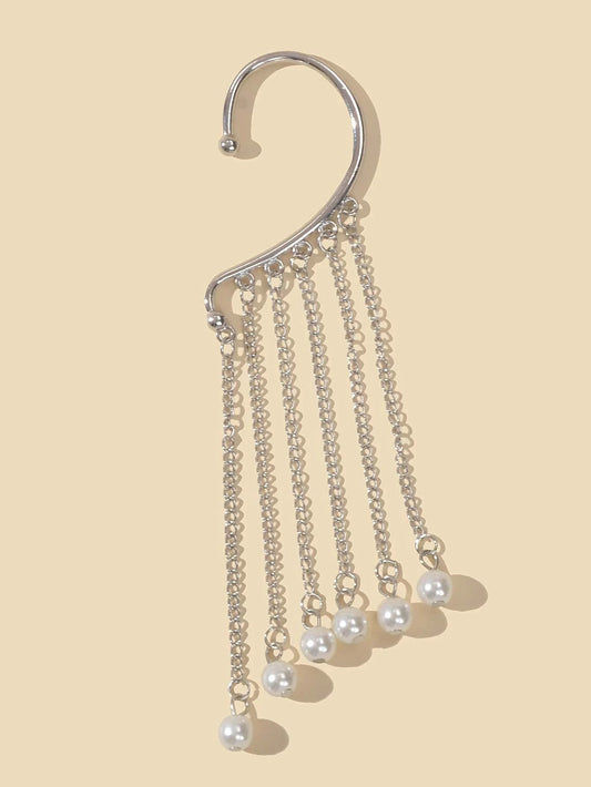 1 pc Fashion Pearl Silver Long Chain Tassel Big Ear Cuff Statement Earrings-1