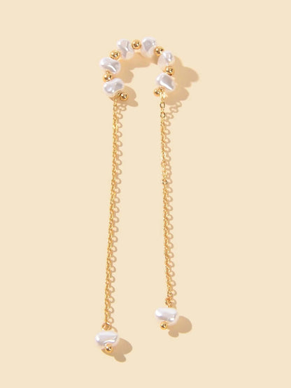 1 pc Fashion Pearl Long Gold Chain Ear Cuff Cartilage Dangle Earrings Accessory-1