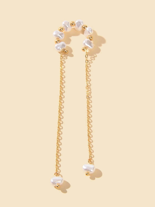 1 pc Fashion Pearl Long Gold Chain Ear Cuff Cartilage Dangle Earrings Accessory-1
