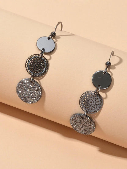 3 Tier Drop Dangle Geometric Shiny Round Disc Earrings Circle Coin Ear Jewellery-2