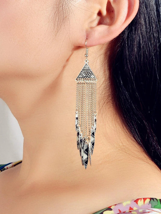 Tribal Ethnic Antique Silver Chain Tassel Geometric Charm Bohemian Earrings Gift-1