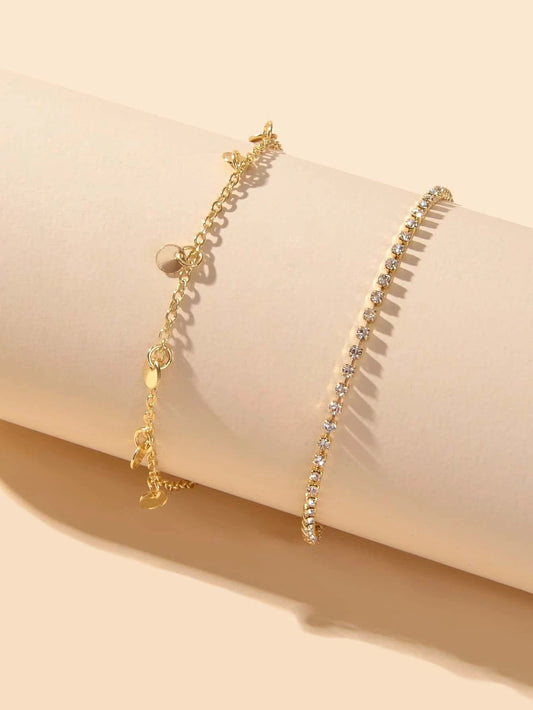 2pcs Women Rhinestone Gold Silver Chain Disc Charm Bracelet Fashion Accessories-1