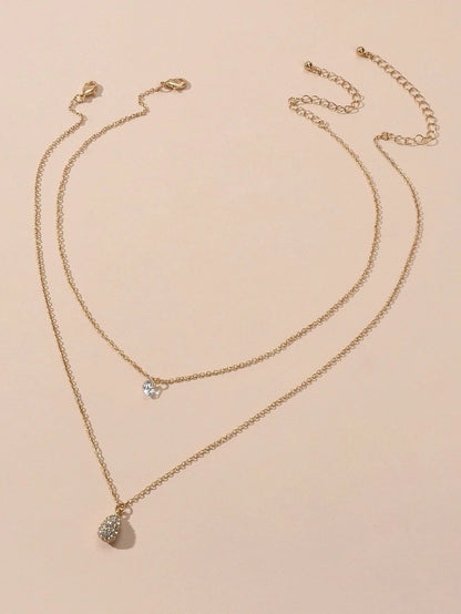 2 pcs Fashion Women Jewellery Rhinestone Decor Gold Chain Water Drop Necklace-1