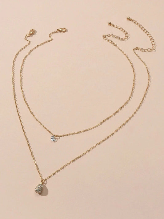 2 pcs Fashion Women Jewellery Rhinestone Decor Gold Chain Water Drop Necklace-1