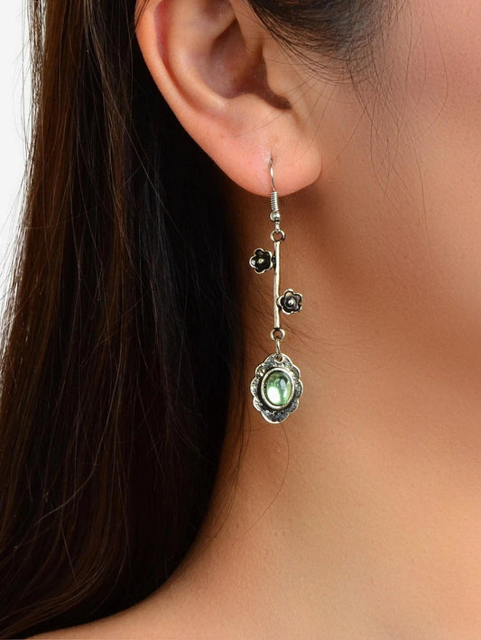 Green Blue Crystal Antique Silver Retro Flower Asymmetric Earrings Vintage Gift-1