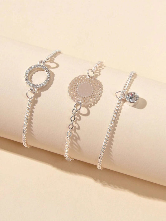 3 pcs/set Fashion Jewellery Silver Chain Rhinestone Circle Charm Bracelet Gift-1