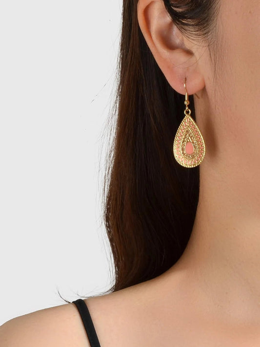 Rhinestone Pink Enamel Water Drop Earrings Teardrop Crystal Dangle Hook Ear Stud-1