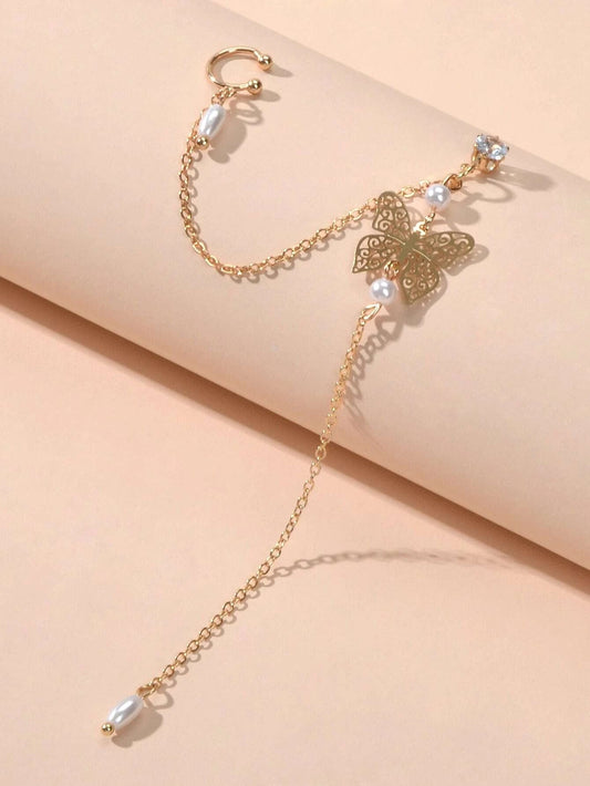 1pc Crystal Pearl Butterfly Long Chain Cartilage Stud Earring Stunning Ear Cuff-1