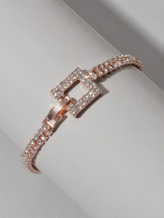 Textured Jewelry Full Rhinestone Rosegold Geometric Chain Women Tennis Bracelet-1