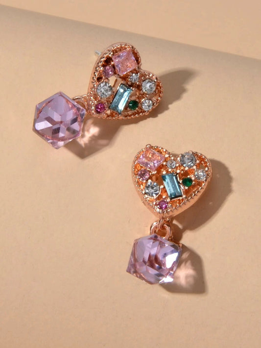 Sweet Textured Shining Crystal Decor Pink Heart Drop Earrings Women Girls Gifts-1