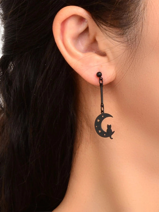 Cartoon Collection Accessories Black Hollow Moon Cat Dangling Elements Earrings-1