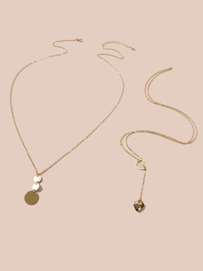 2 pcs Gold Chain Round Disc Love Heart Pendant Necklace Double Collar Women Gift-1