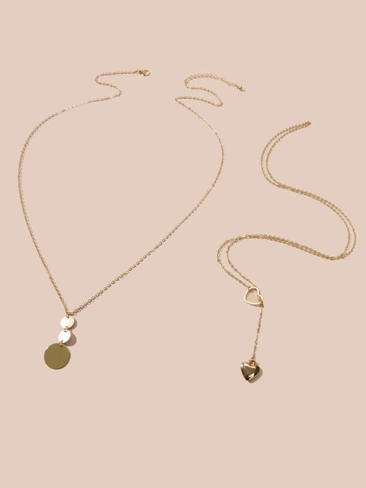 2 pcs Gold Chain Round Disc Love Heart Pendant Necklace Double Collar Women Gift-1